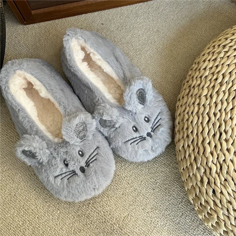 Home Fuzzy Slipper Women Winter Fur Contton Warm Plush Non Slip Grip Indoor Fluffy Lazy Female Mouse Ears Floor Shoe Living room slipper