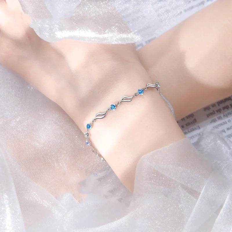 925 Sterling Silver Blue Crystal Bracelets For Women Korean Designer Hollow Adjustable Bracelets Luxury Party Jewelry Gift bracelete