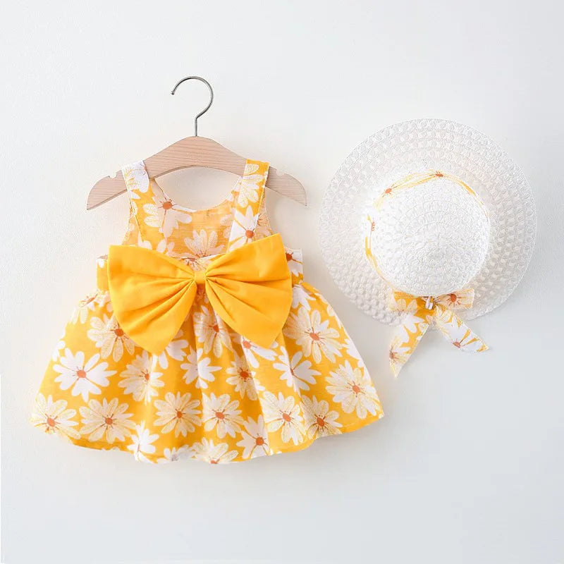 Summer Newborn Baby Clothes Toddler Girl Clothes Cotton Beach Suspender Dress+Sun Hat Princess Dresses2 Pcs infants girls