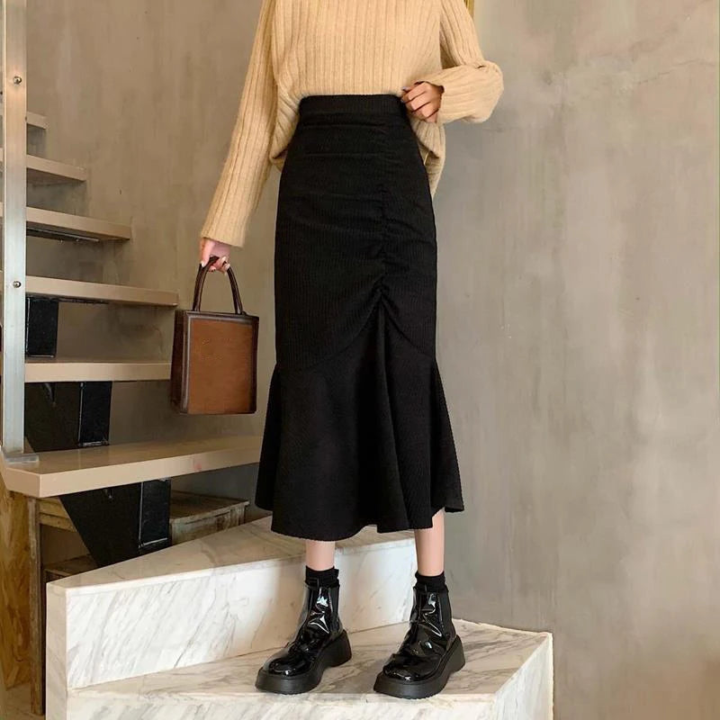 High Waist Midi Skirts for Women  Spring Slim Fit  Hip Mermaid Skirt Woman Korean Ruffles Brown Skirts