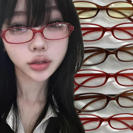 Y2K Women Retro Oval Square Glasses Red Green Frame Glass Eyewear Decorative Computer Anti-blue Eyeglasses with Seaside Driving