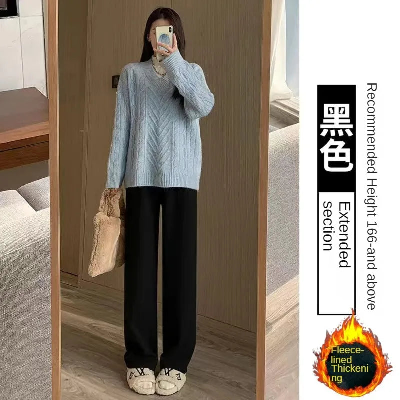 Autumn Winter Korean Fleece Women Thicken Pants Elastic Waist Stright Long Wide Leg Pants Fleece-lined Knitting Warm Trousers bottom