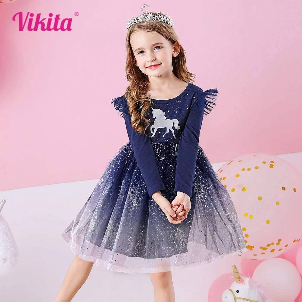 Kids Flare Sleeve Autumn Spring Dress Girls Licorne Cartoon Dress Kids Gradient Birthday Party Navy Princess Dresses girls dresses