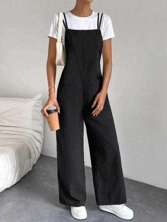 European and American Suspender Jumpsuit Women's Summer New Fashion Casual Solid Long Wide Leg Women Overalls Jumpsuit