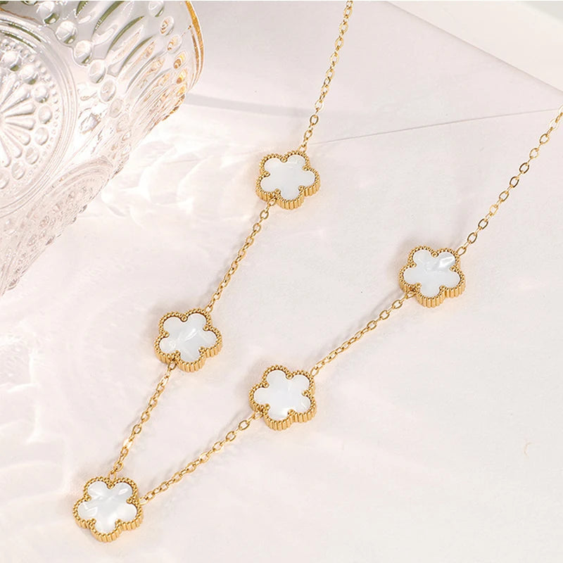 14K Gold Plated Stainless Steel Necklace Woman Five Leaf Petals Double Sided Necklaces for Women Pendant Flower Clover Jewelry  necklace