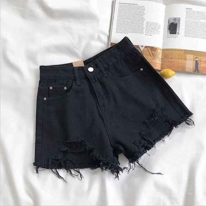 Women's Cowboy Shorts High Waist Casual Blue Denim Shorts Pocket Tassel Perforated Fashion Shorts Y2K Female Jeans shorts