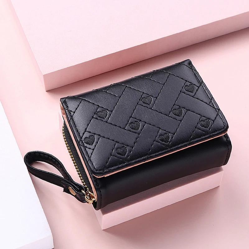 Women's Wallet Tri Fold Card Bag PU Multi Objects Pocket Short Fashion Embroidered Love Pattern Korean Minimalist New bags