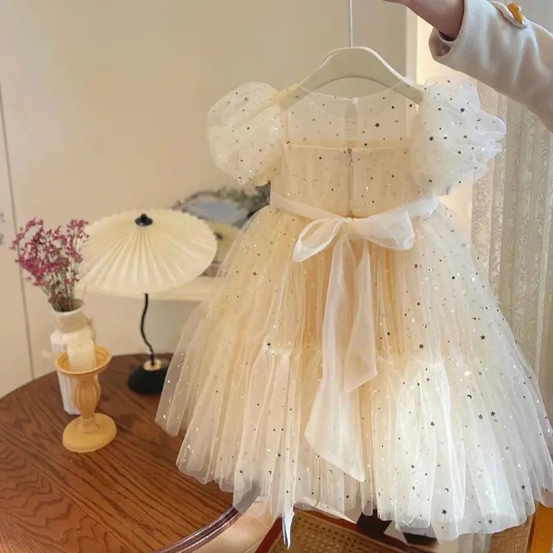 Summer Dresses Girls' Elegant Dress Girl Baby Bubble Sleeve Mesh Sequin Dress Temperament Princess Party Short Sleeve Dress girls dresses