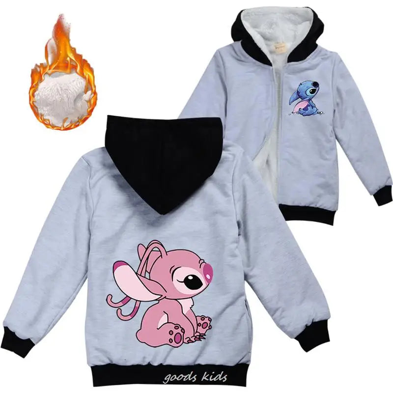 Lilo And Stitch Kids Jackets Boys Winter Thick Coats Warm Fur Outerwear For Youth Girls Hooded Jacket Children's Clothes 2-16Y  girls jackets and coats