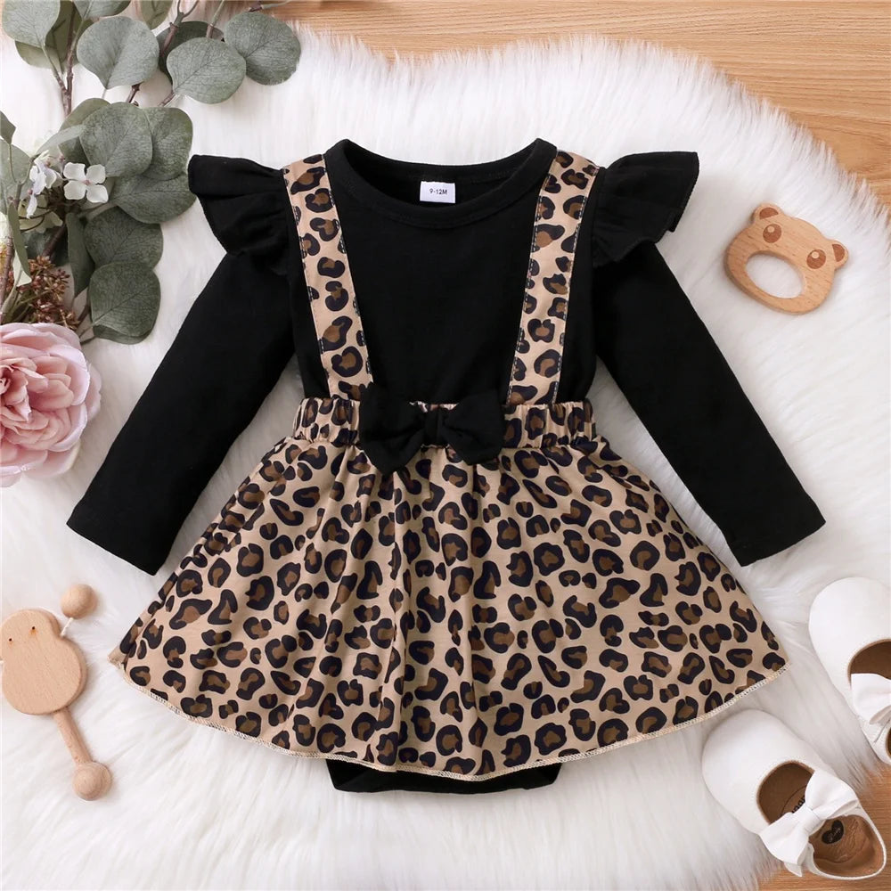 0-18Months Newborn Baby Girl Dress with Bow Long Sleeve Leopard Dresses Onesie Clothing Autumn Infant Fashion Cute Jumpsuit infants girls