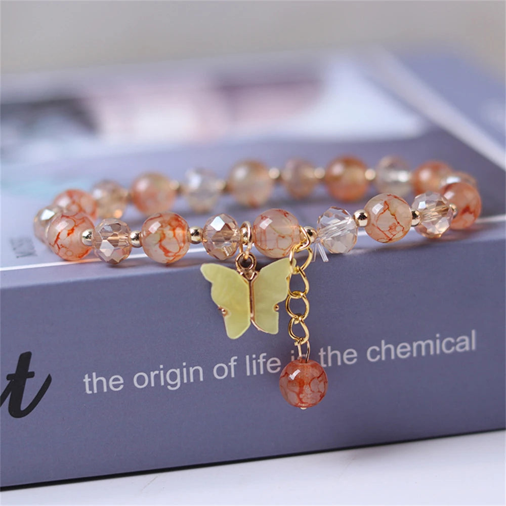 Fashion Butterfly Beaded Bracelets For Women Girls Imitation Jade Bohemian Crystal Charm Elastic Rope Bracelet Hand Jewelry bracelete