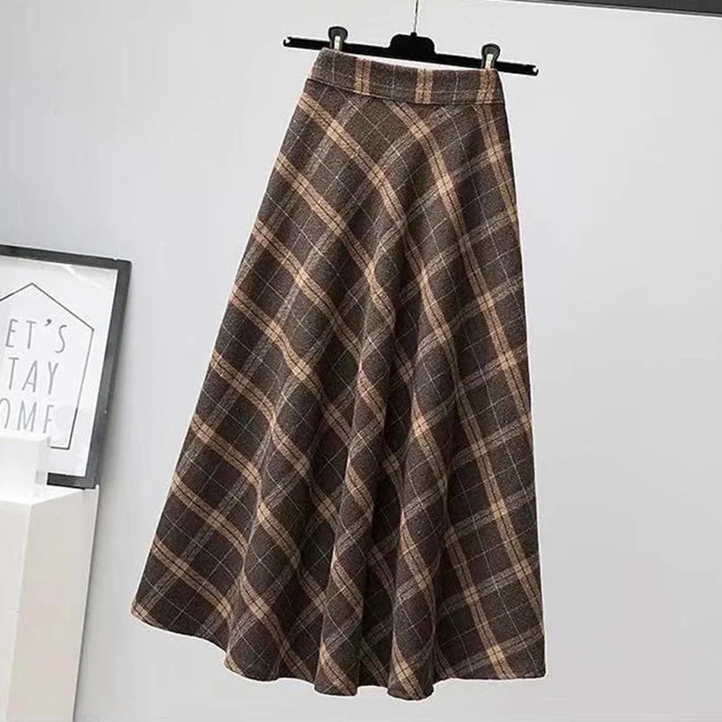 Autumn Winter Woolen Skirt Thick High Waist Long Skirt Woman A Line Pleated Plaid Skirt