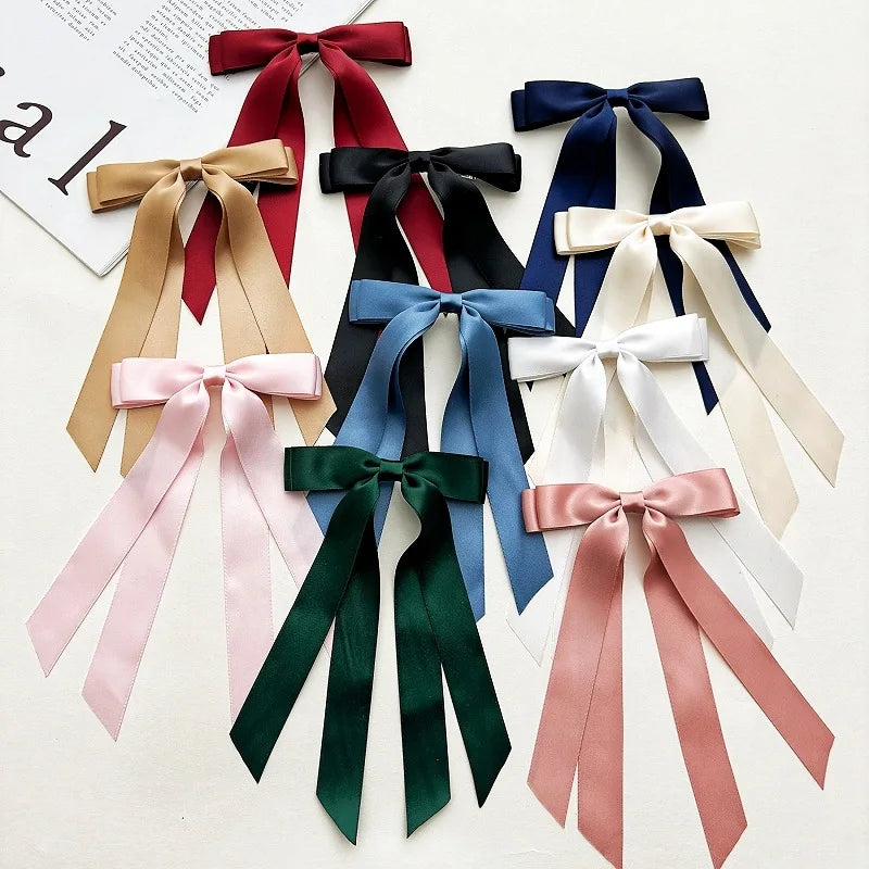 Women Elegant Bow Ribbon Hair Clip Fashion Solid Satin Spring Clip Simple Bowknot Hairpins Barrettes Hair Accessories for Girls   hairclips