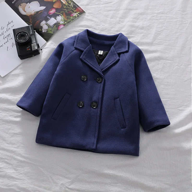 Autumn Winter Boys Fashion Jacket Solid Color Lapel Double-Breasted Long Woollen Overcoat For 2-6 Years Boys Handsome Outwear boys jackets and coats