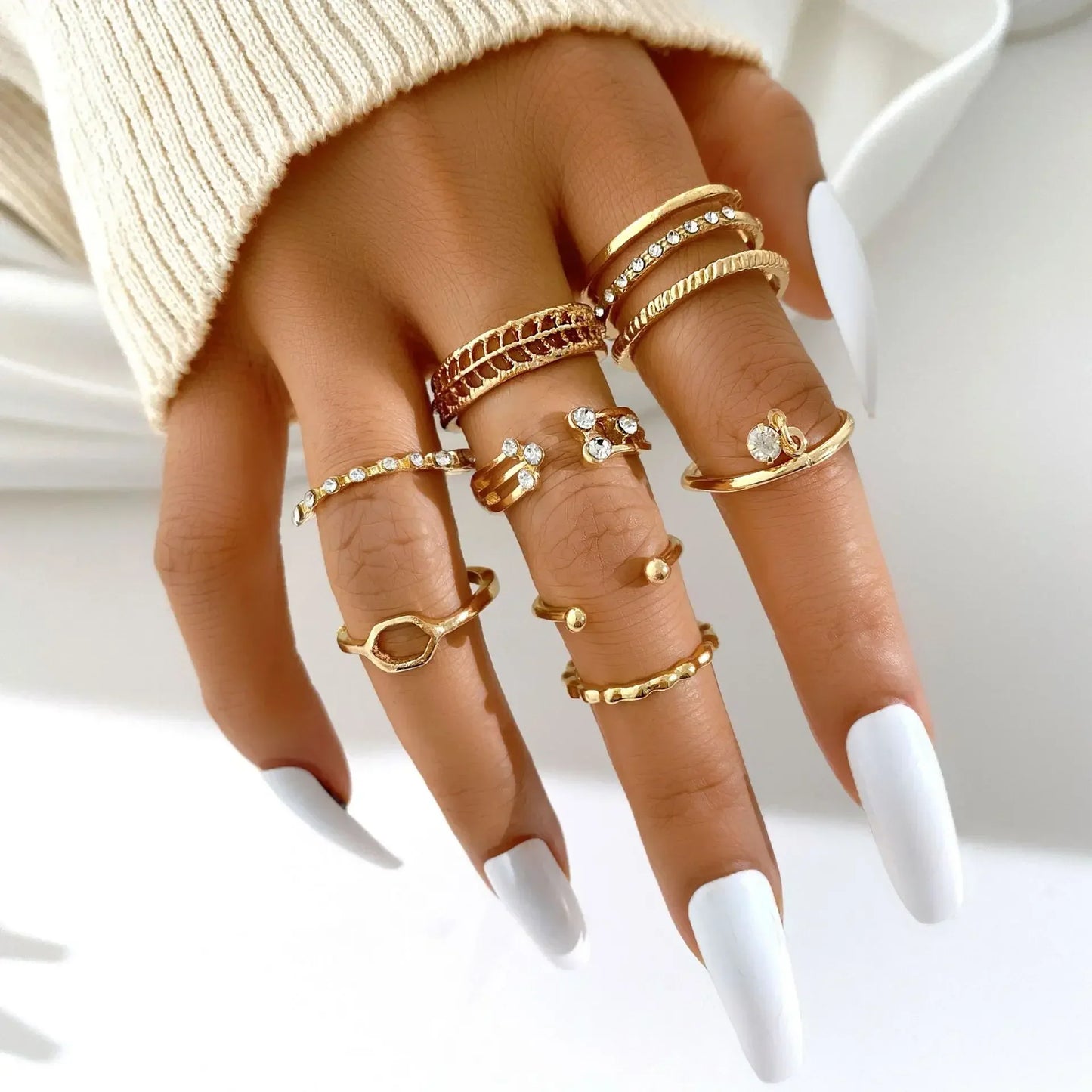 10Pcs Rings Suit For Women Silver-color Chain Ring Set Bohemian Style Coin Snake Moon Star Party Trend Gift Jewelry  rings