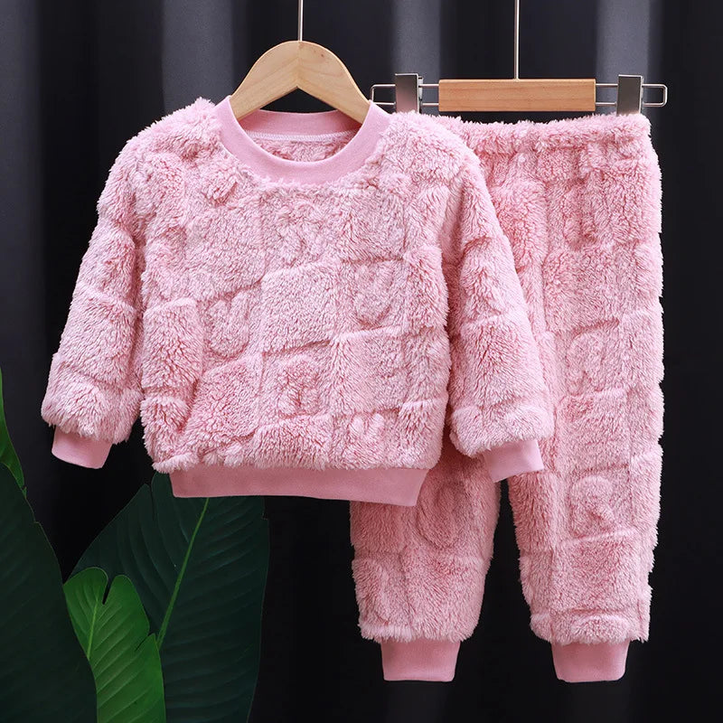 Baby flannel pajamas Korean casual solid color home clothing set for childrens long sleeved pajamas and girls warm underwear set night wear girls