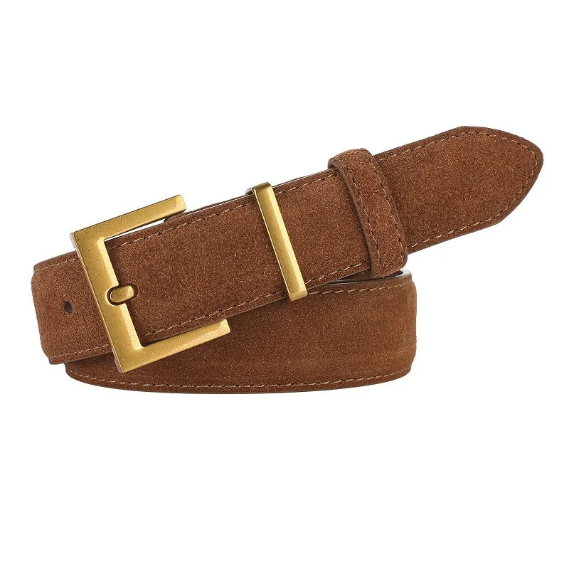 Women Luxury Brand Double Genuine Leather Belt, Casual Cowhide Suede Belts with Square Alloy Buckle for Jeans and Dresses belt