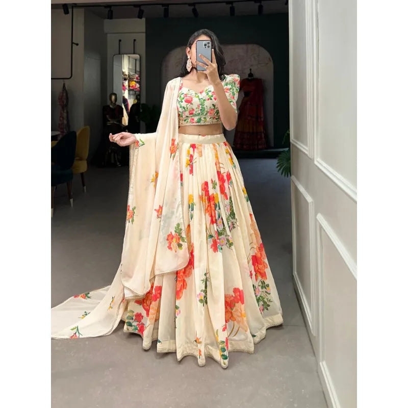 Flower Cream Printed Lengha Choli Indian Wedding Designer Lehenga Bridal Ghagra party lehnga