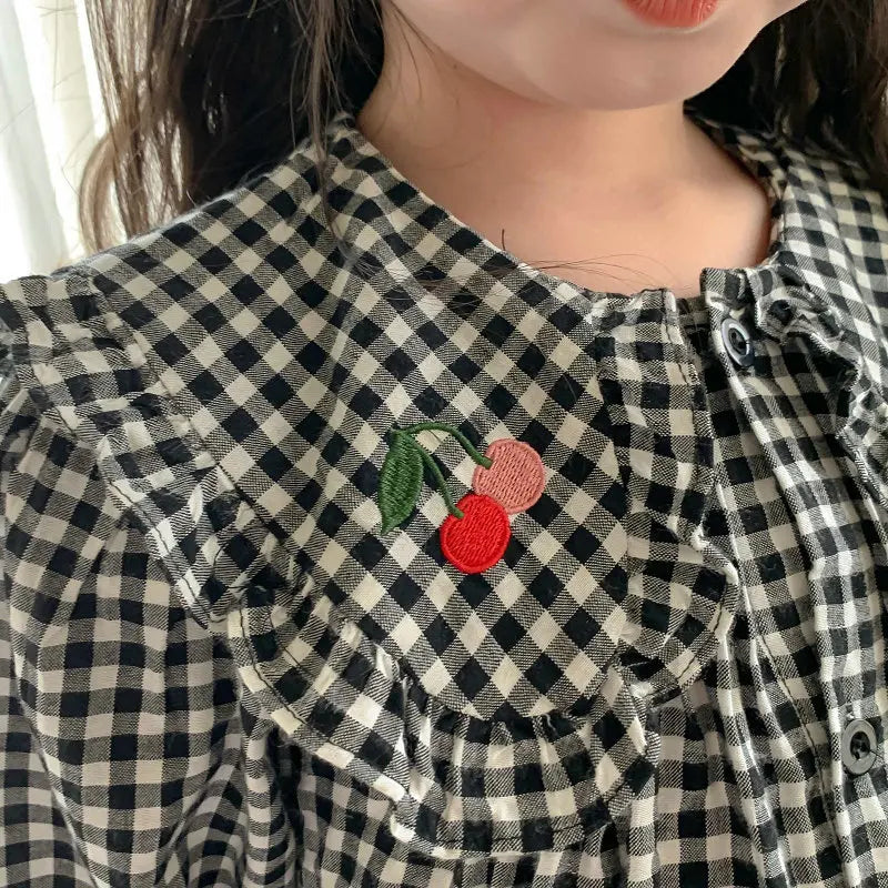 Girls Dress big collar cherry plaid dress princess Dress spring and autumn new style Clothes girls dresses