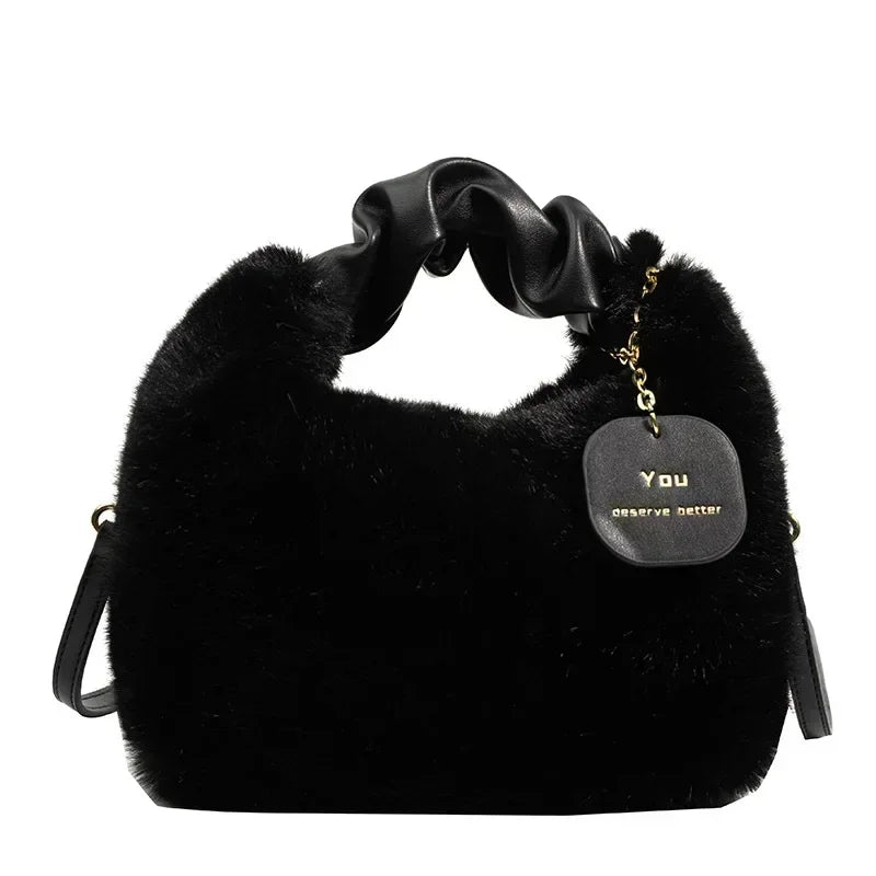 New Fashion Women Lady Shoulder Underarm Bag Solid Color Soft Plush Handbag Fluffy Totes Purse Autumn Winter Shopping Bags