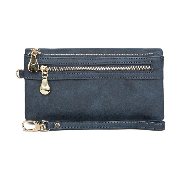 Large Capacity Women's Dull Polish Leather Wallet Double Zipper Clutch Wristlet Purse Phone Coin Card Holder Multi-pocket Wallet bags