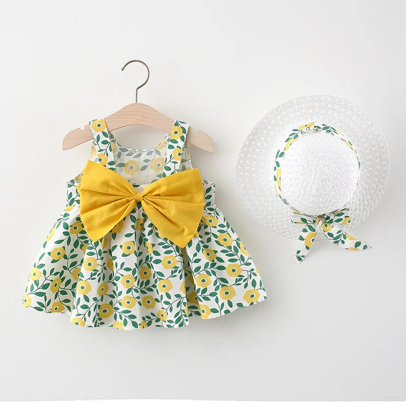 Summer Newborn Baby Clothes Toddler Girl Clothes Cotton Beach Suspender Dress+Sun Hat Princess Dresses2 Pcs infants girls