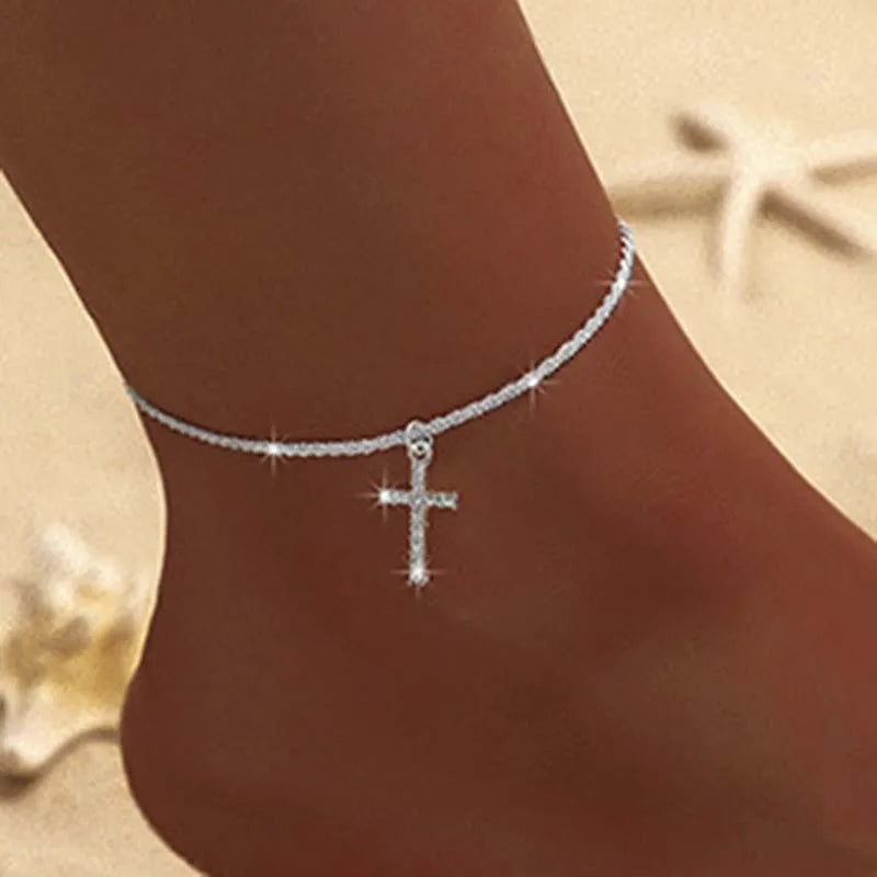 Thin Chain Anklet For Women Zircon Heart Cross Pendant Double Layer Bracelet On Leg Foot Trendy Summer Beach Jewelry anklet