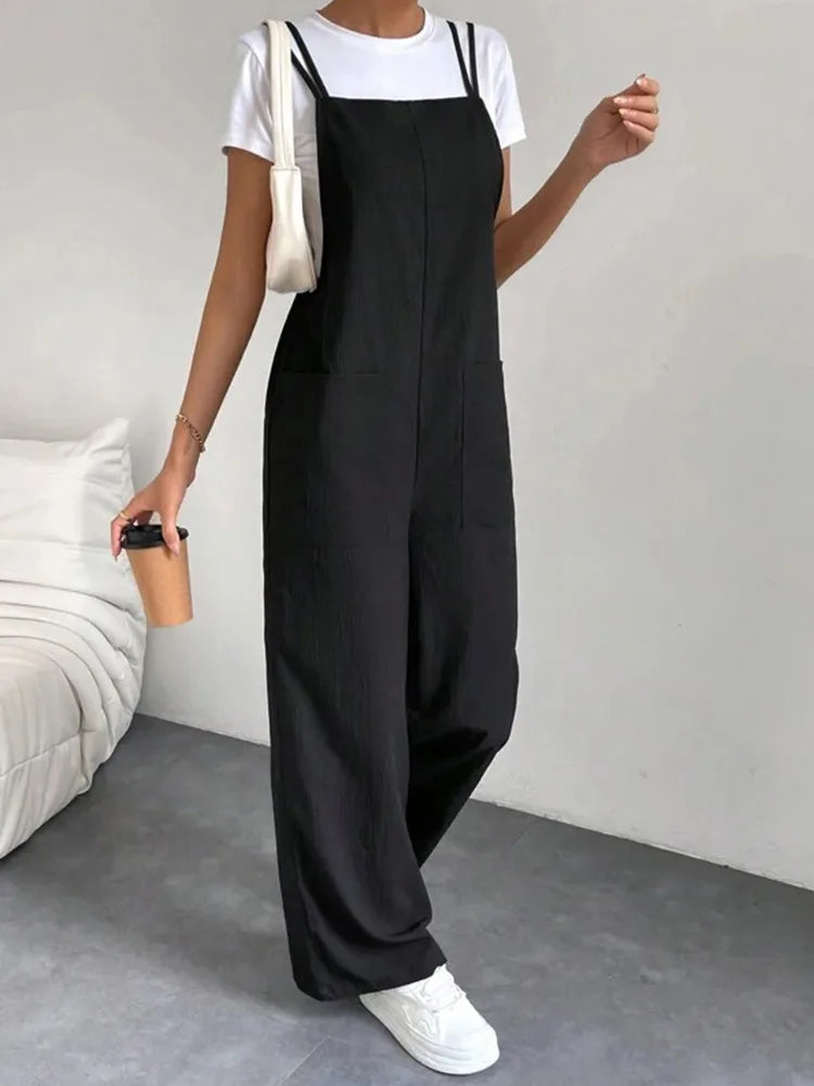 European and American Suspender Jumpsuit Women's Summer New Fashion Casual Solid Long Wide Leg Women Overalls Jumpsuit