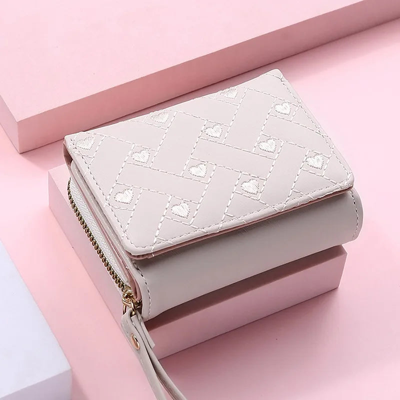 Women's Wallet Tri Fold Card Bag PU Multi Objects Pocket Short Fashion Embroidered Love Pattern Korean Minimalist New bags