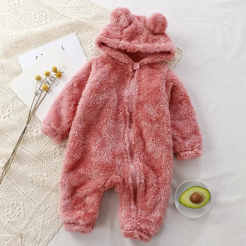 Thick Warm Baby Rompers Cute Winter Infant Jumpsuits Hooded Coral Fleece Bear Shape Newborn Soft Pajamas Overalls Clothing infants boys