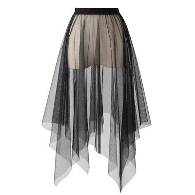 Black White Long Tulle Lace Mesh Skirt Women Petticoat Underskirt Summer Korean Irregular Cover Up Skirt Tutu Skirt