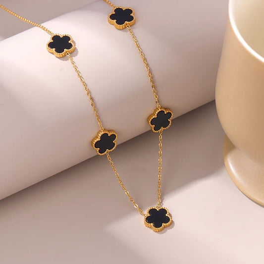 14K Gold Plated Stainless Steel Necklace Woman Five Leaf Petals Double Sided Necklaces for Women Pendant Flower Clover Jewelry  necklace