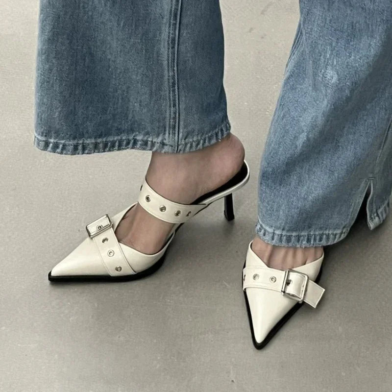 Metal Buckle High Heels Women's Sandals Summer  Pointed Toe Silver Party Shoes Fashion Womens Pumps heel shoes