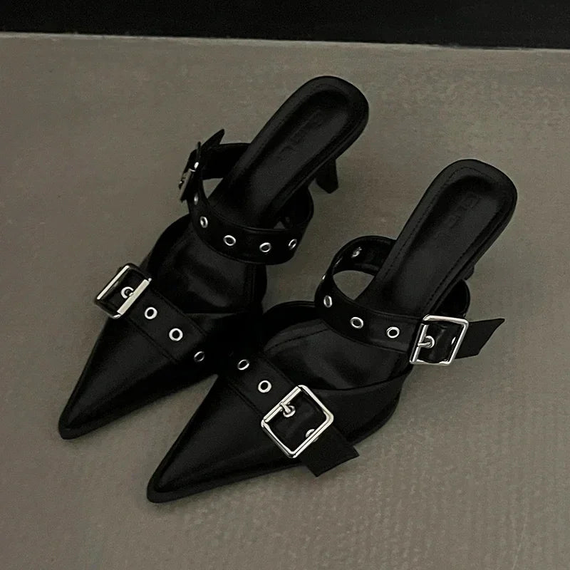 Metal Buckle High Heels Women's Sandals Summer  Pointed Toe Silver Party Shoes Fashion Womens Pumps heel shoes