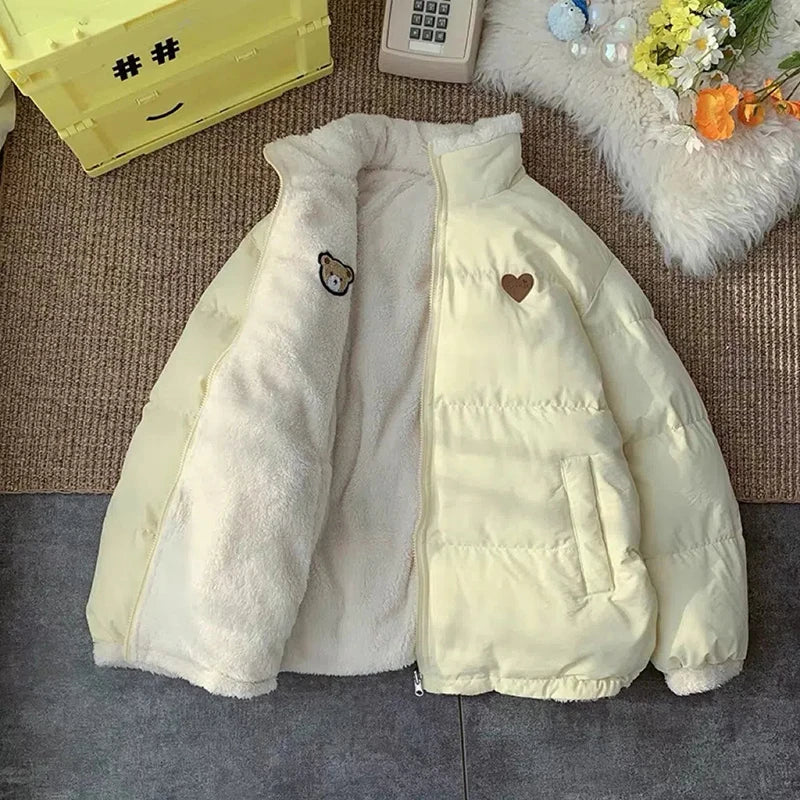 Carino ricamo parka cappotto donne inverno moda spesso sciolto caldo giacca design bifacciale rosa vestiti per studenti