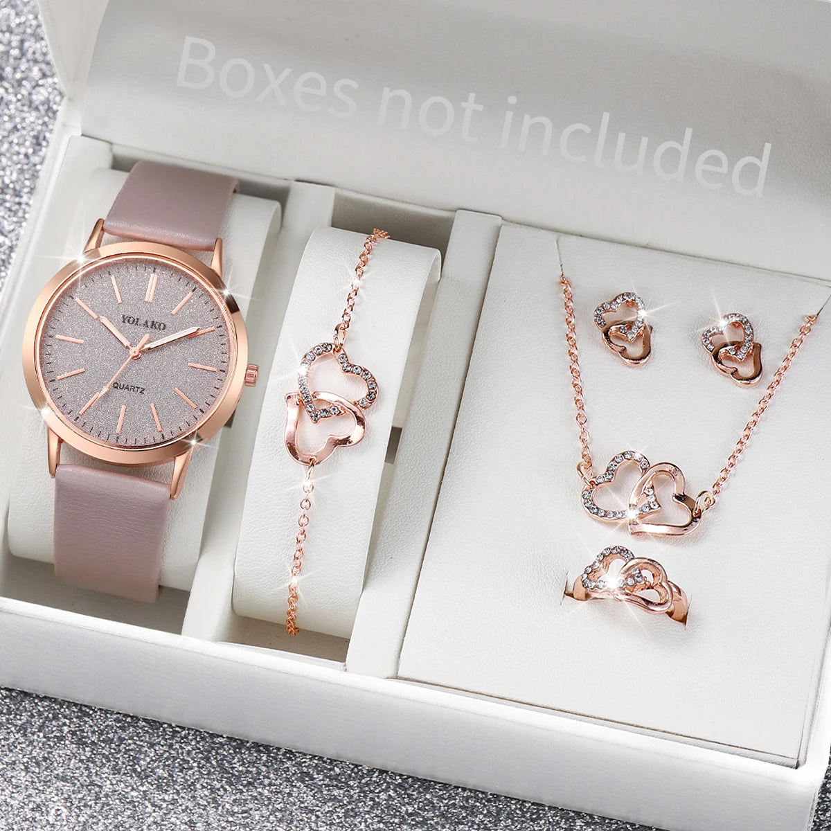 5PCS/Set Fashion Matte Dial Women Watches Diamond Heart Jewelry Set Casual Leather Band Quartz Watch（Without Box）watch