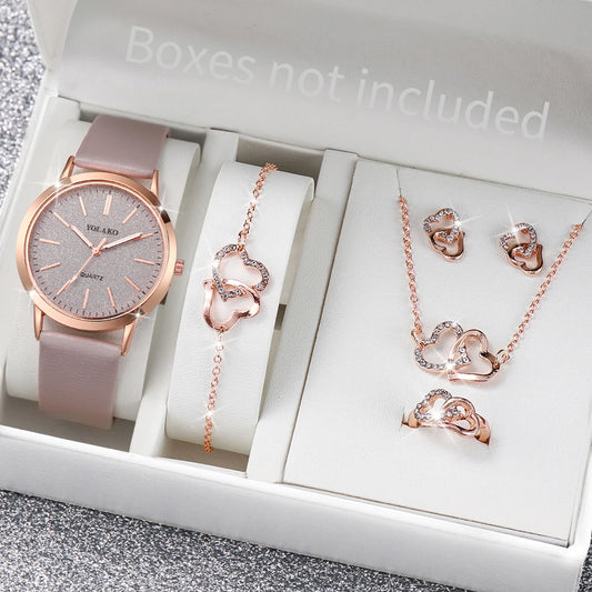 5PCS/Set Fashion Matte Dial Women Watches Diamond Heart Jewelry Set Casual Leather Band Quartz Watch（Without Box）watch