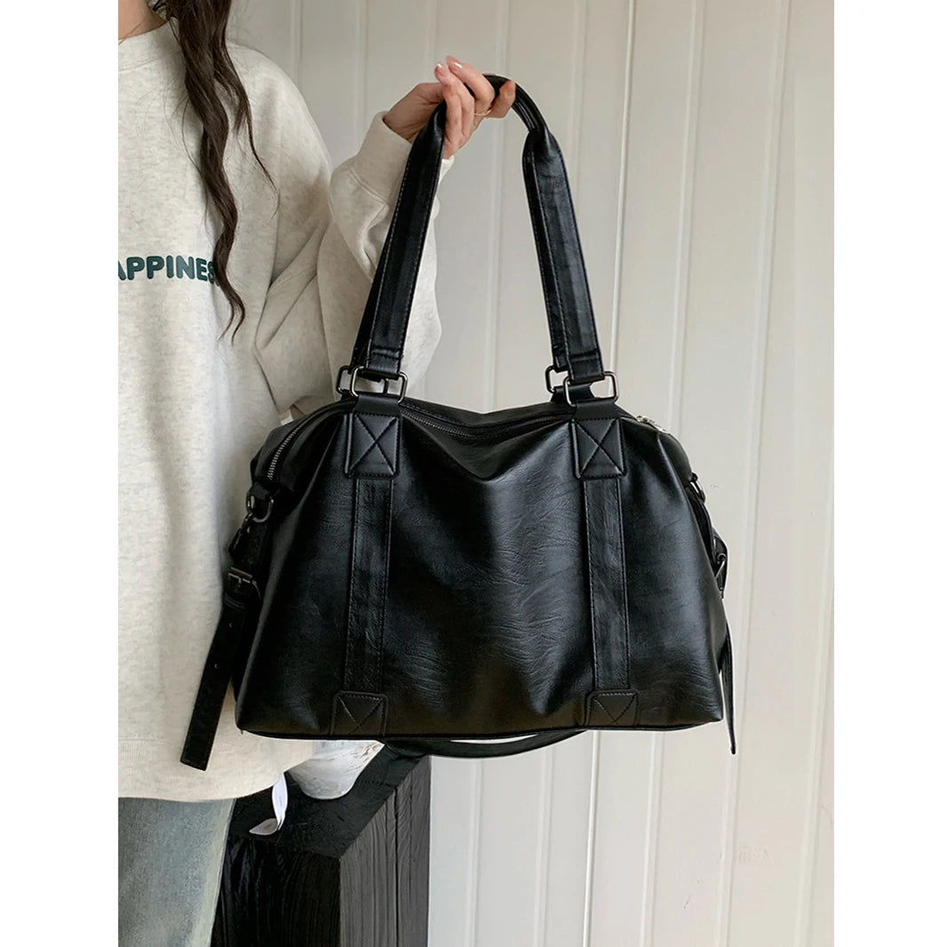 Large Capacity Black Shoulder Bags For Women Large Shopper Bag Solid Color Soft Leather Crossbody Handbag Lady Travel Tote Bags