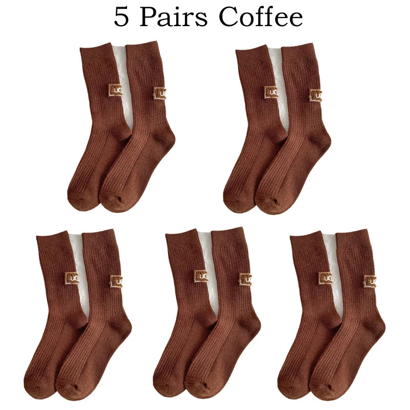 5 Pairs Winter Socks Women Cashmere Wool Socks Solid Warm Thickened Pile Embroidered Logo Mid-Calf Socks Casual Snow Boot Socks