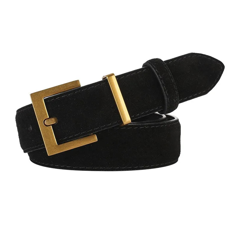 Women Luxury Brand Double Genuine Leather Belt, Casual Cowhide Suede Belts with Square Alloy Buckle for Jeans and Dresses belt