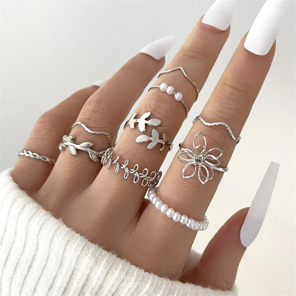 10Pcs Rings Suit For Women Silver-color Chain Ring Set Bohemian Style Coin Snake Moon Star Party Trend Gift Jewelry  rings