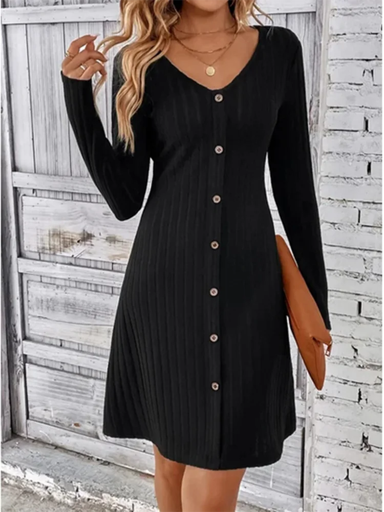 Women's V-Neck Button Dress Monochromatic A-line Casual Comfortable Spring Autumn Trend long dress