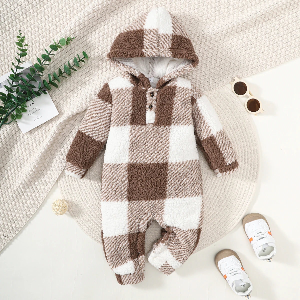 Baby Boys and Girls Plaid Romper Hooded Long Sleeved Plush Jumpsuit Winter Warm Bodysuit Clothes for 3-24 Months Toddler Boy infants girls infants boys