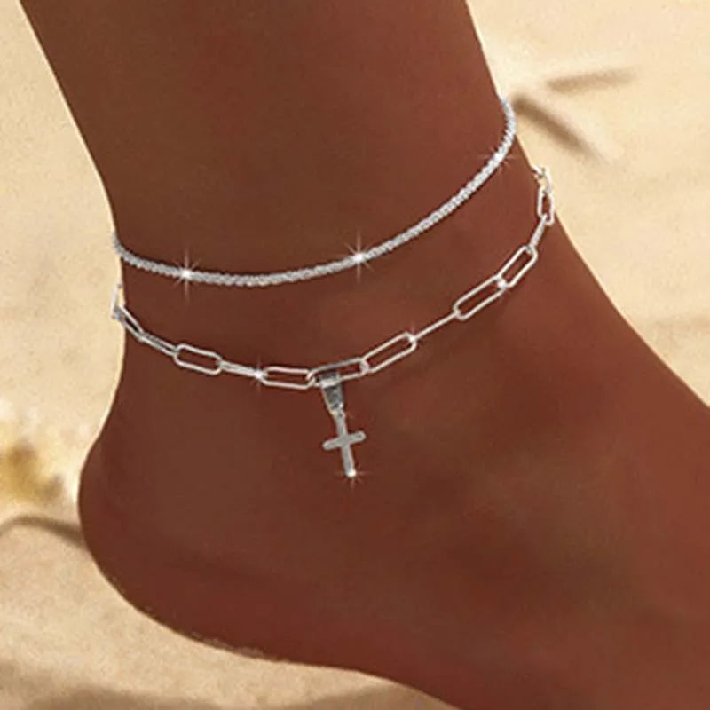 Thin Chain Anklet For Women Zircon Heart Cross Pendant Double Layer Bracelet On Leg Foot Trendy Summer Beach Jewelry anklet