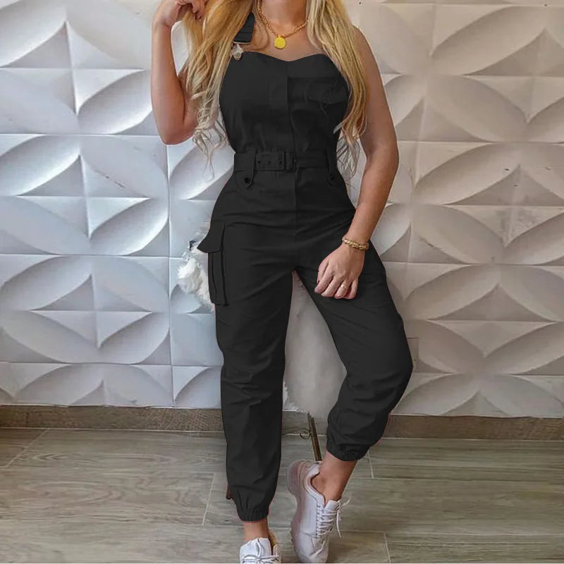 Solid Jumpsuit For Women Spring Summer New Sleeveless Shoulder Strap Pocket Slim Fashion Elegant Casual Commute Female Jumpsuit