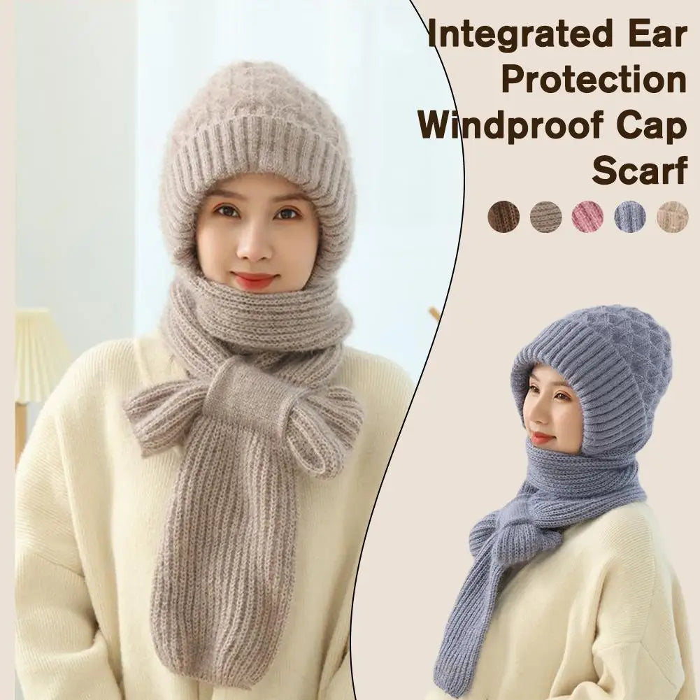 Hat Scarf All-in-one Female Winter Warm Rabbit Hair Knitted Cap Cycling Ear Protection Padded Cute Cold-proof Neck Cap