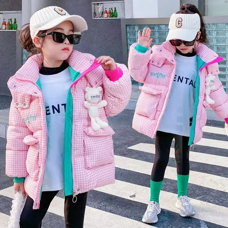 Winter Keep Warm Princess Girls Jacket Grid Design Padded Lining With Velvet Hooded Heavy Coat For Kids Sent Bear Doll girls jackets and coats