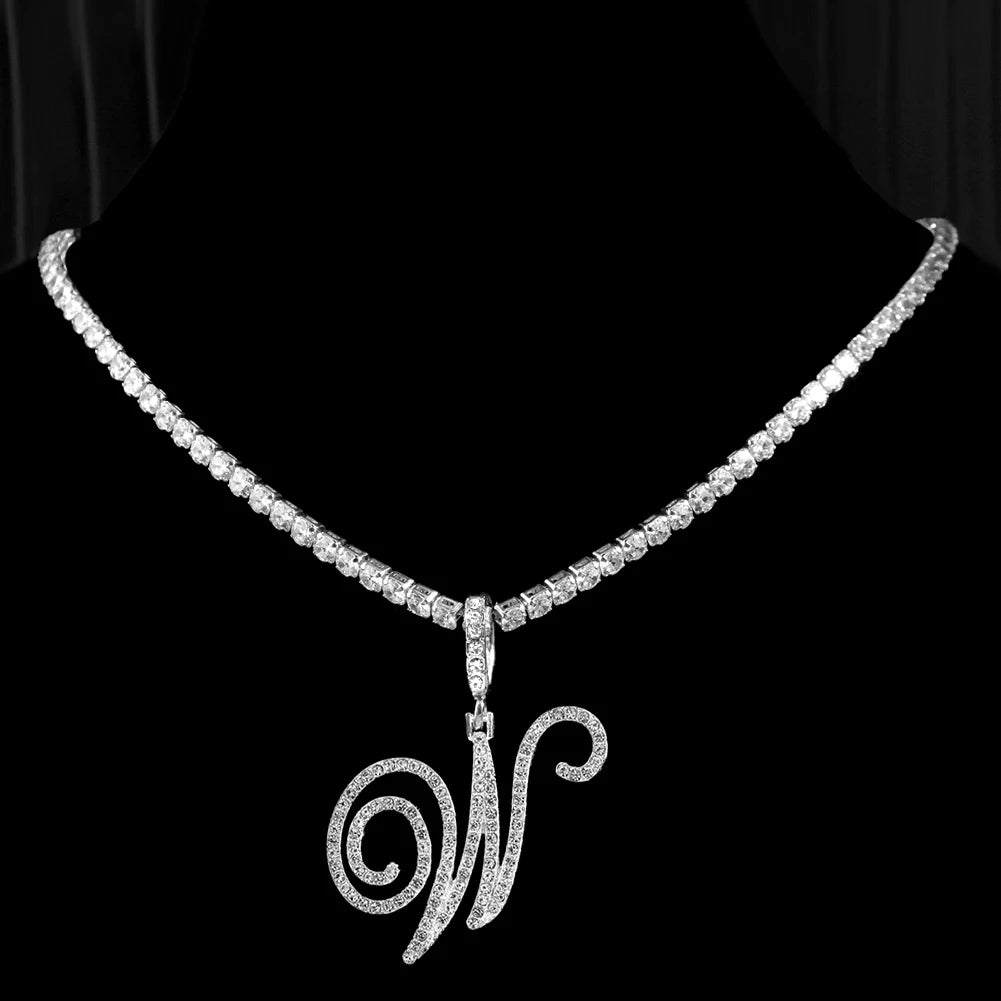 New Cursive Letters Cubic Zirconia Chain Intial Name Necklace Hip Hop Jewelry Gold Silver Color CZ 26 Alphabet Pendant Necklaces necklace