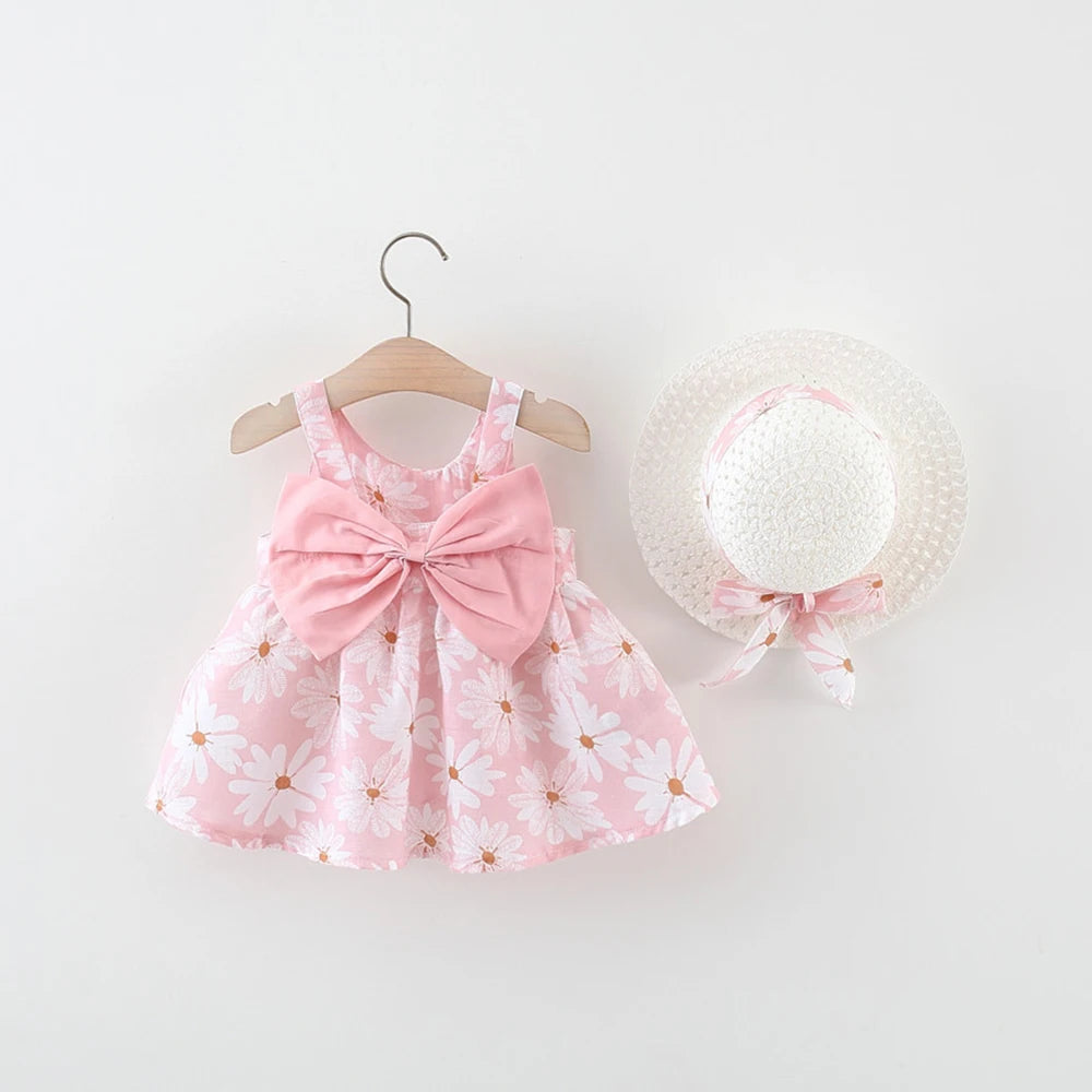 Summer Newborn Baby Clothes Toddler Girl Clothes Cotton Beach Suspender Dress+Sun Hat Princess Dresses2 Pcs infants girls