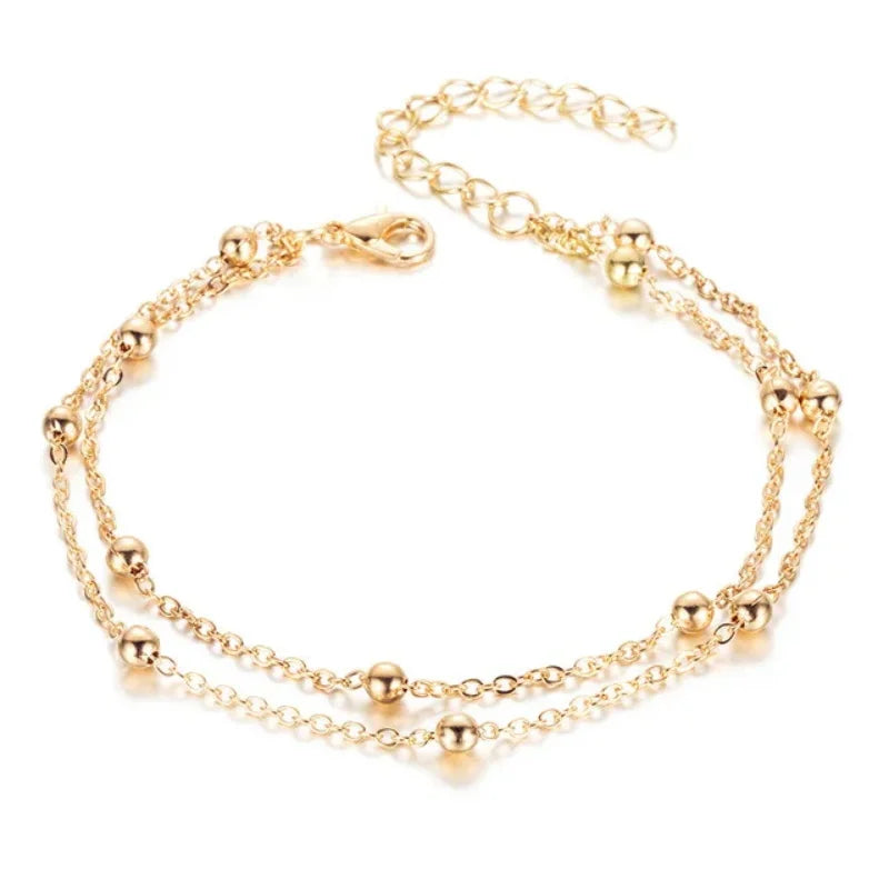 Two Layers Chain Heart Style Gold Color Anklets For Women Bracelets Summer Barefoot Sandals Jewelry On Foot Leg Chai anklet